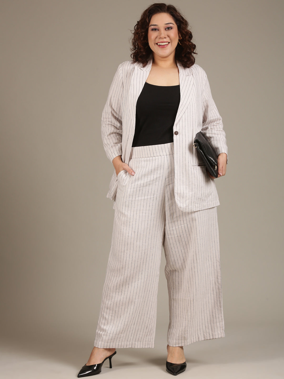 Off-White Pinestripe Formal Blazer and Pant Co-ord Set (2 Piece)