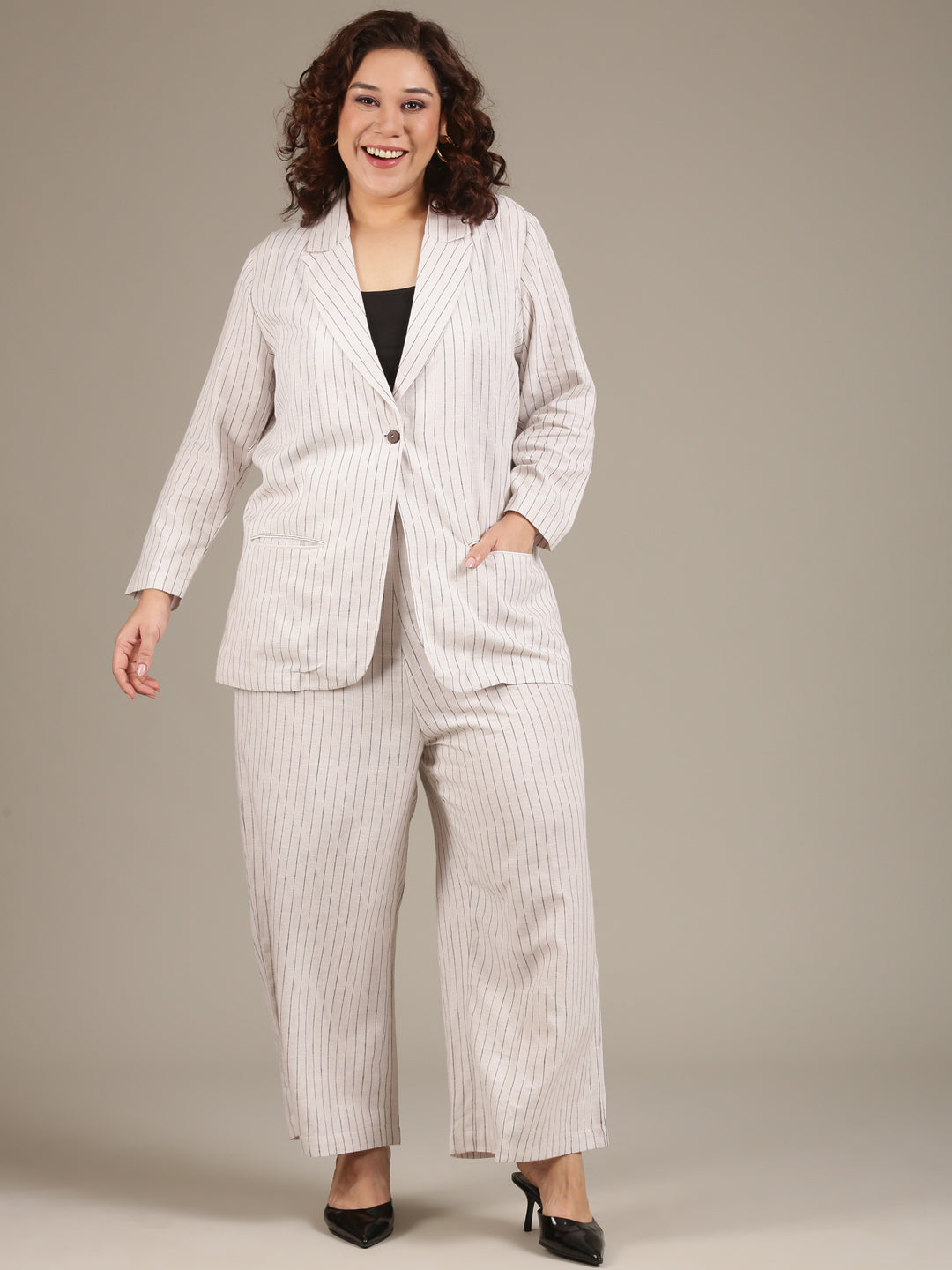 Off-White Pinestripe Formal Blazer and Pant Co-ord Set (2 Piece)