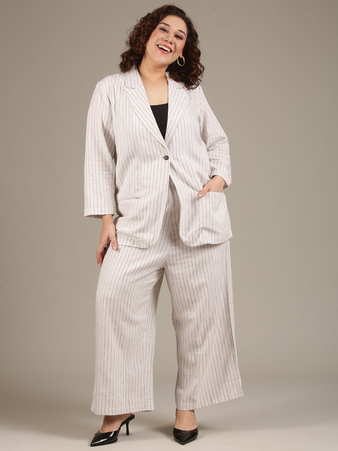Off-White Pinestripe Formal Blazer and Pant Co-ord Set (2 Piece)