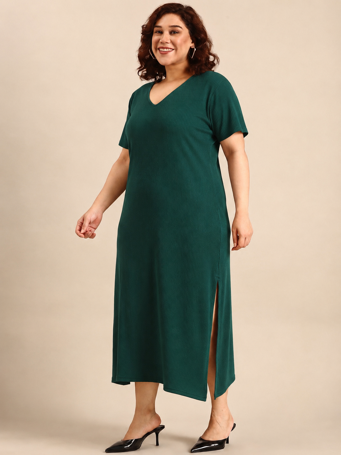 Dark Green Rib Cotton A-Line Dress