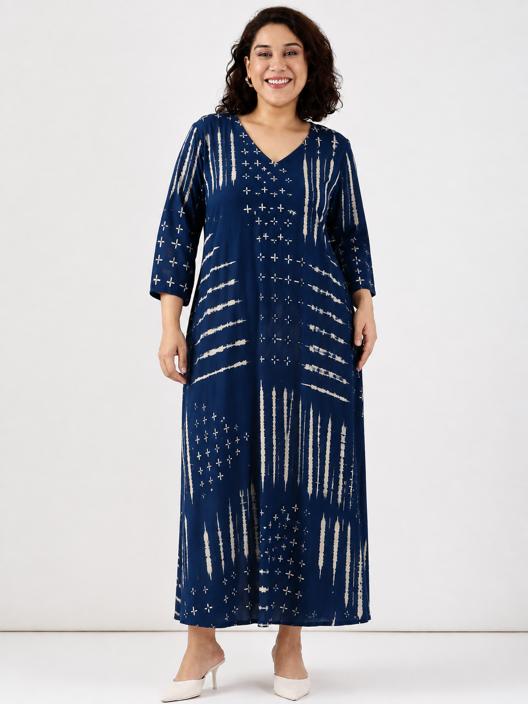 Navy Printed V-Neck Maxi Dress