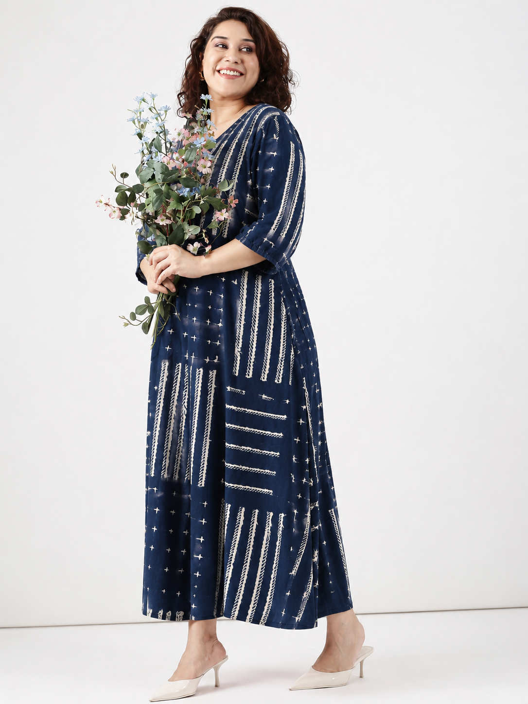 Navy Printed V-Neck Maxi Dress