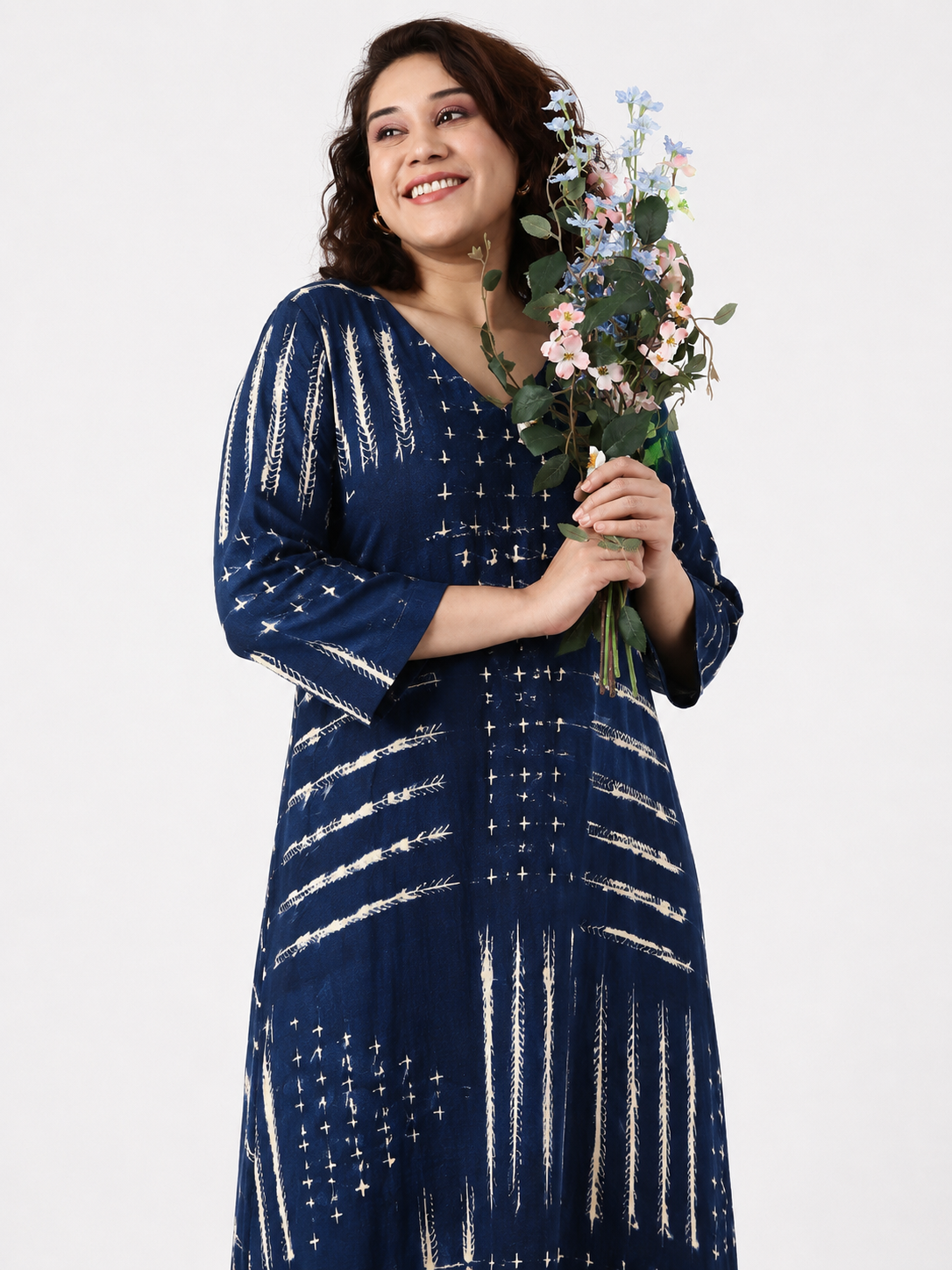 Navy Printed V-Neck Maxi Dress