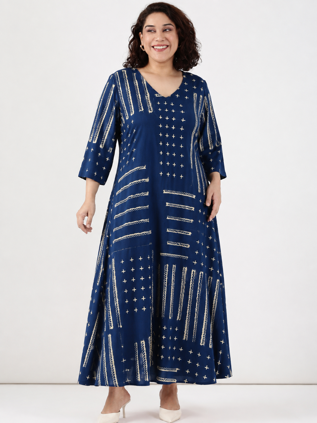 Navy Printed V-Neck Maxi Dress
