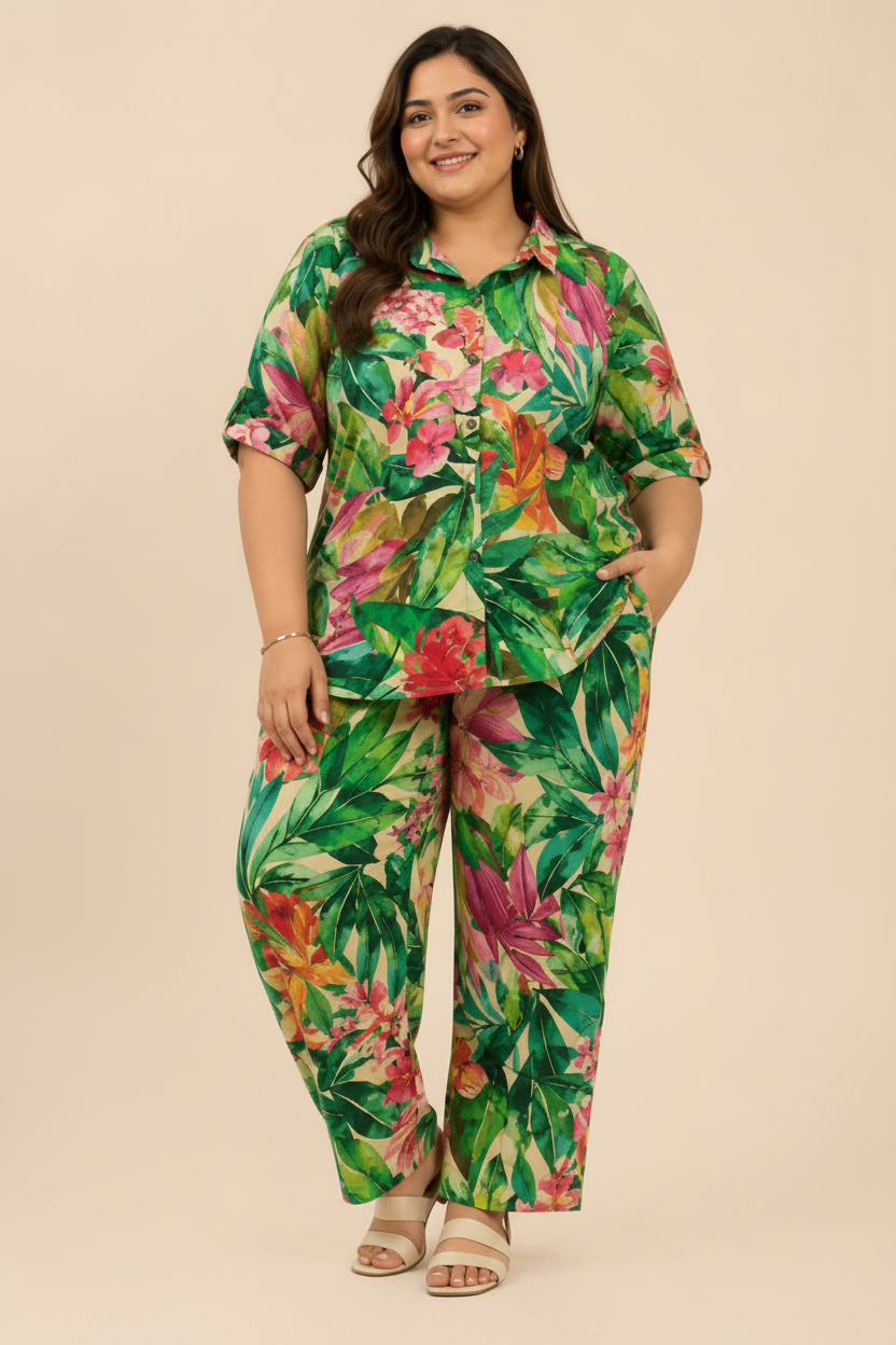 Green Tropical Floral Printed Shirt & Pant Co-ord Set