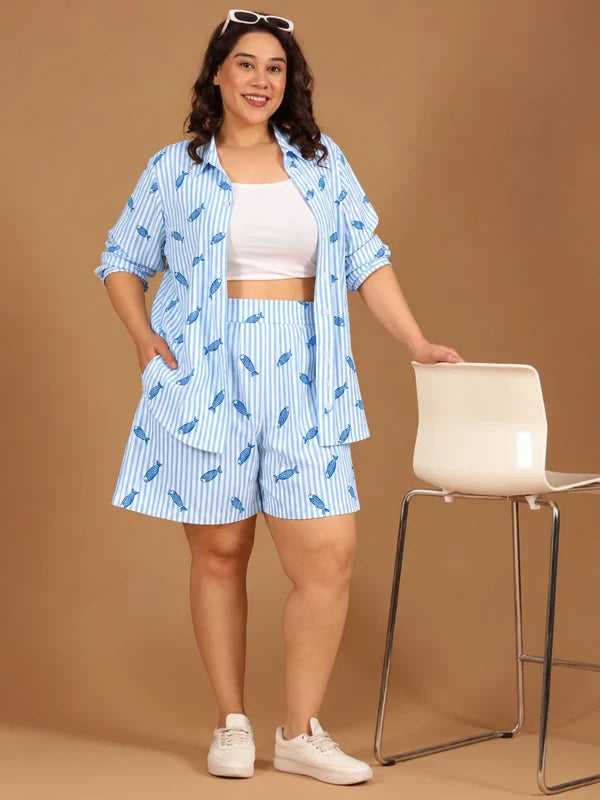 Blue and White Striped Fish Print Shorts