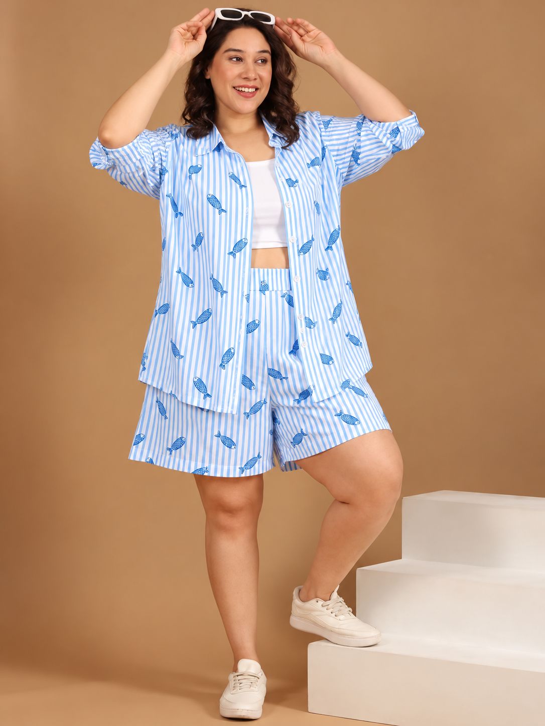 Cotton Blue & White Striped Set With Shorts (2 Piece)
