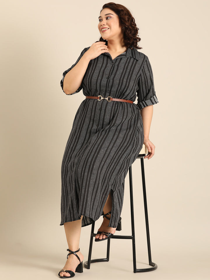 Black Linen Striped Dress