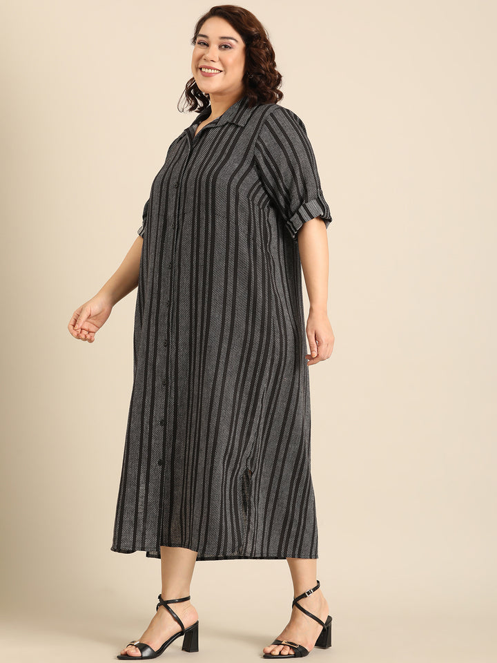 Black Linen Striped Dress