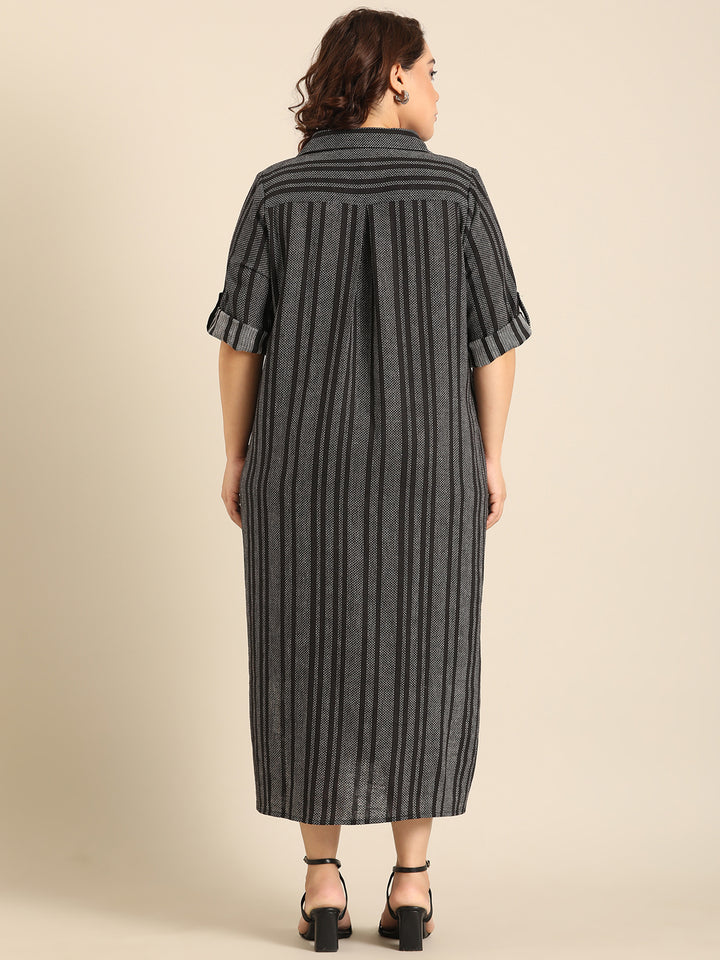 Black Linen Striped Dress