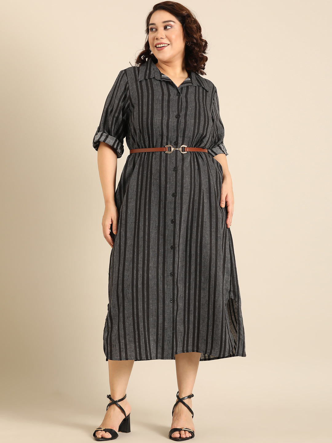Black Linen Striped Dress