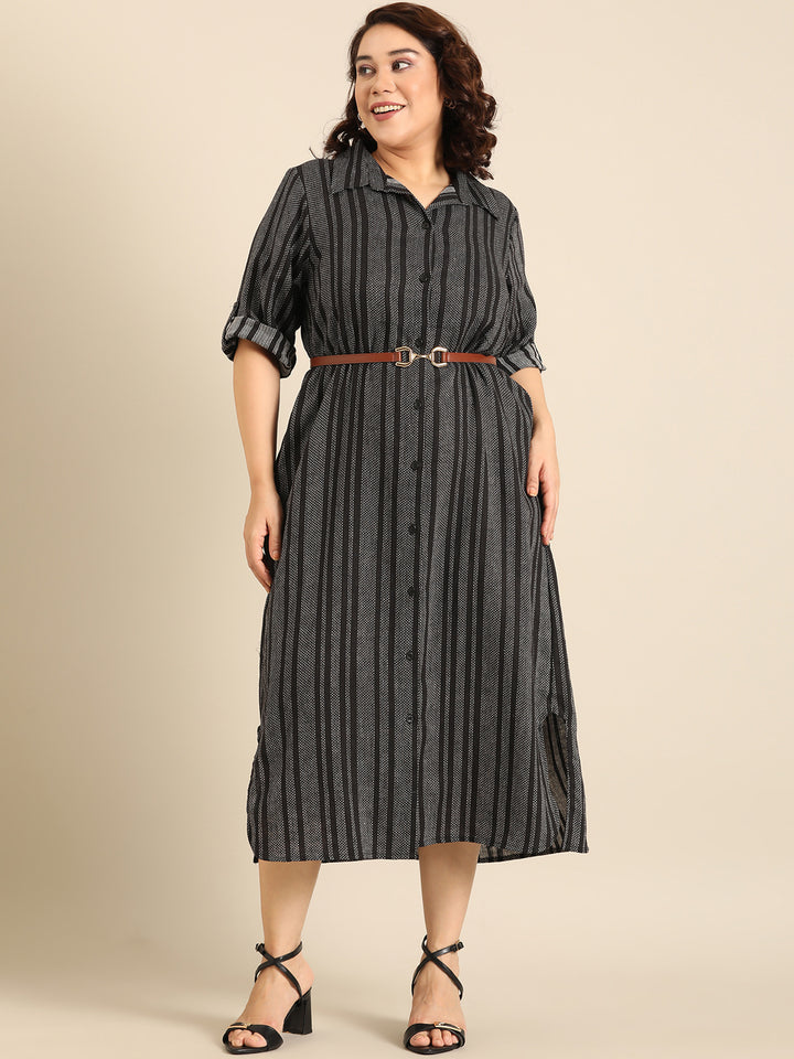 Black Linen Striped Dress