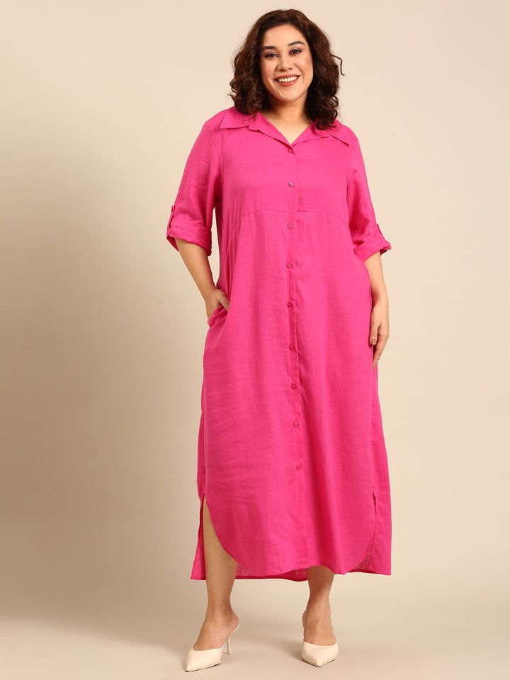 Pink Linen Maxi Shirt Dress