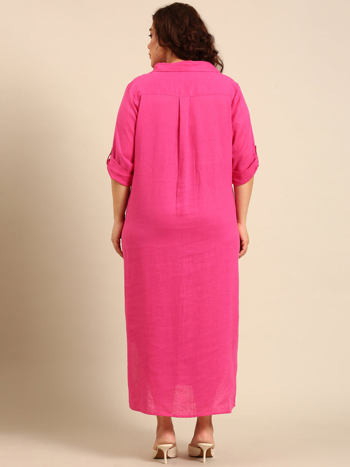 Pink Linen Maxi Shirt Dress