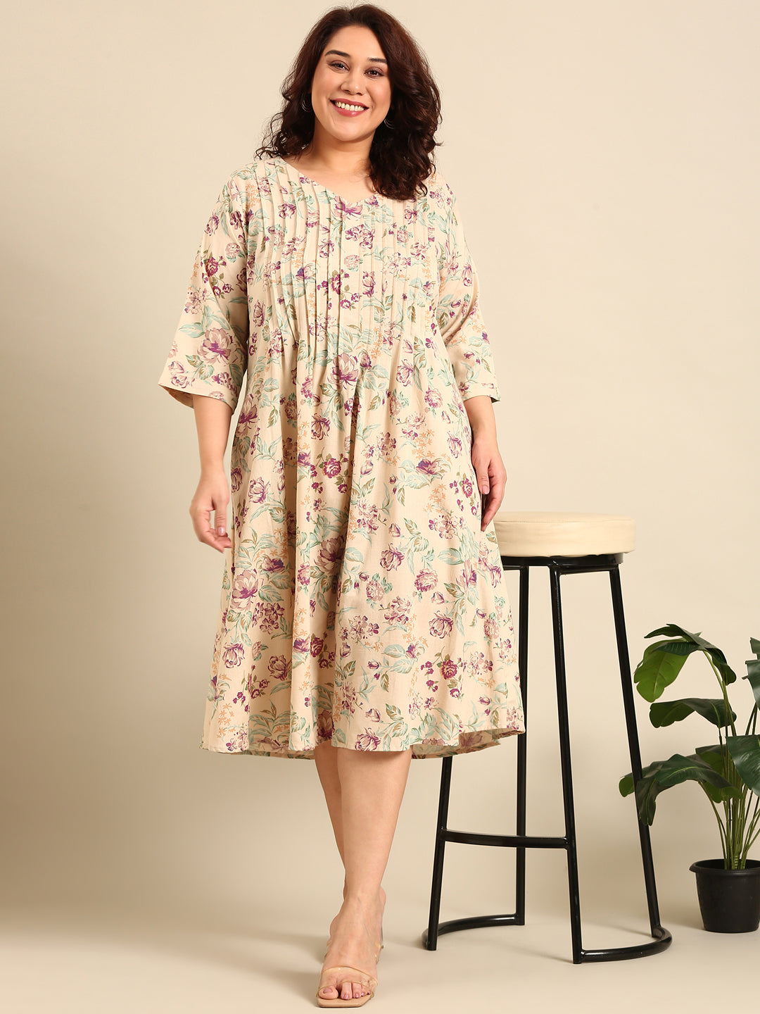 Beige Floral Pintuck Dress