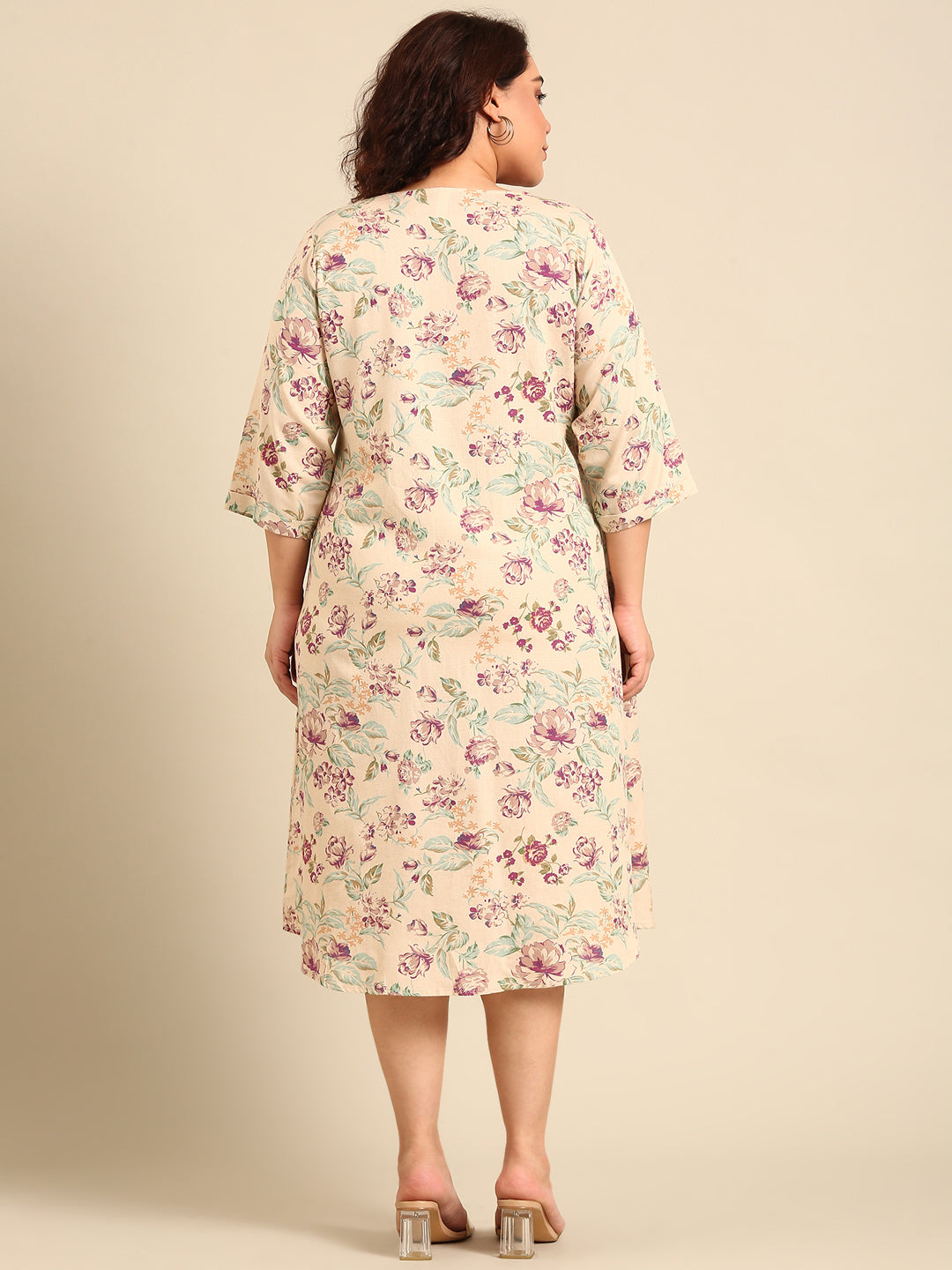 Beige Floral Pintuck Dress