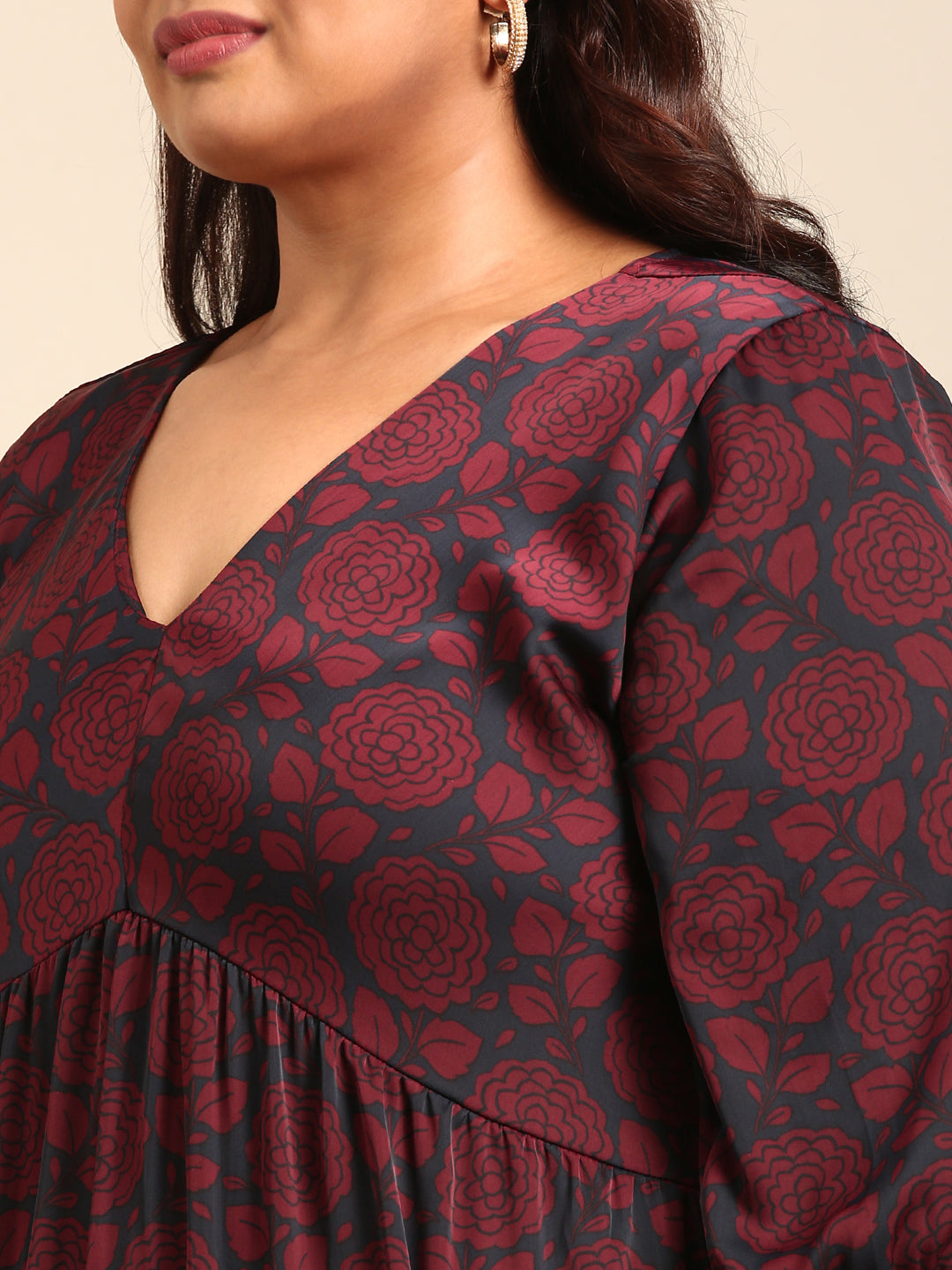 Satin Rose Print Empire Waist Midi Dress