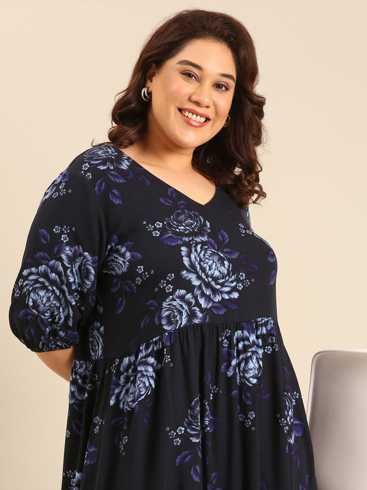 Plus Size Navy Rose Printed Dress