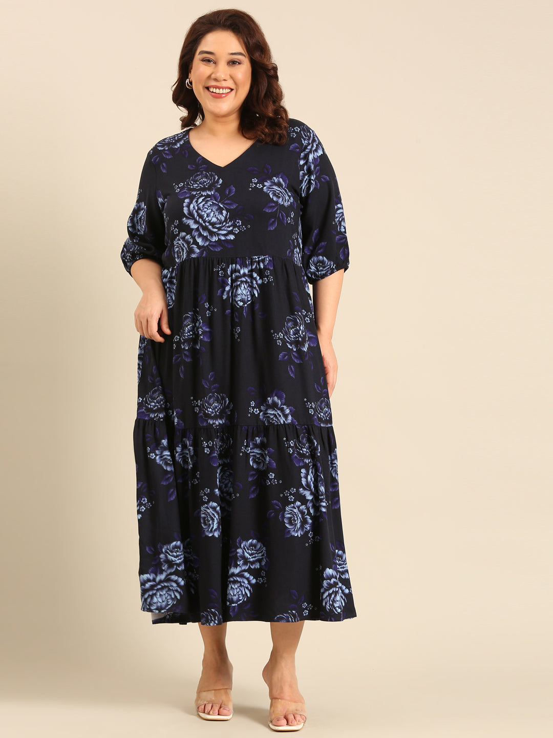 Plus Size Navy Rose Printed Dress