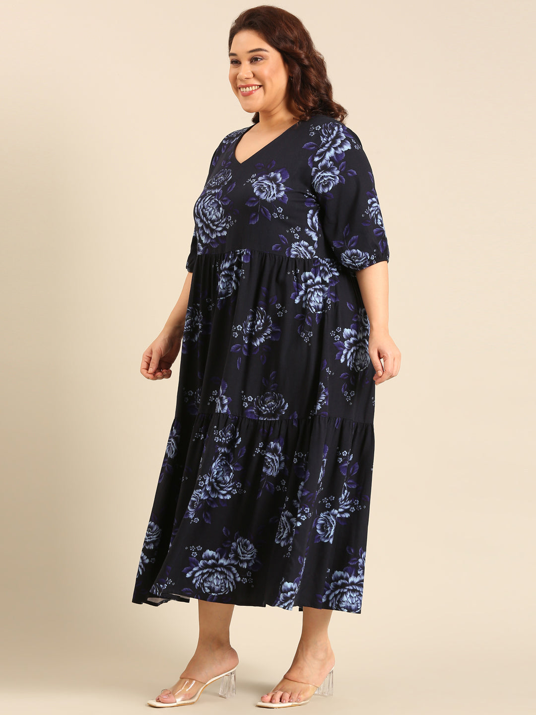 Plus Size Navy Rose Printed Dress