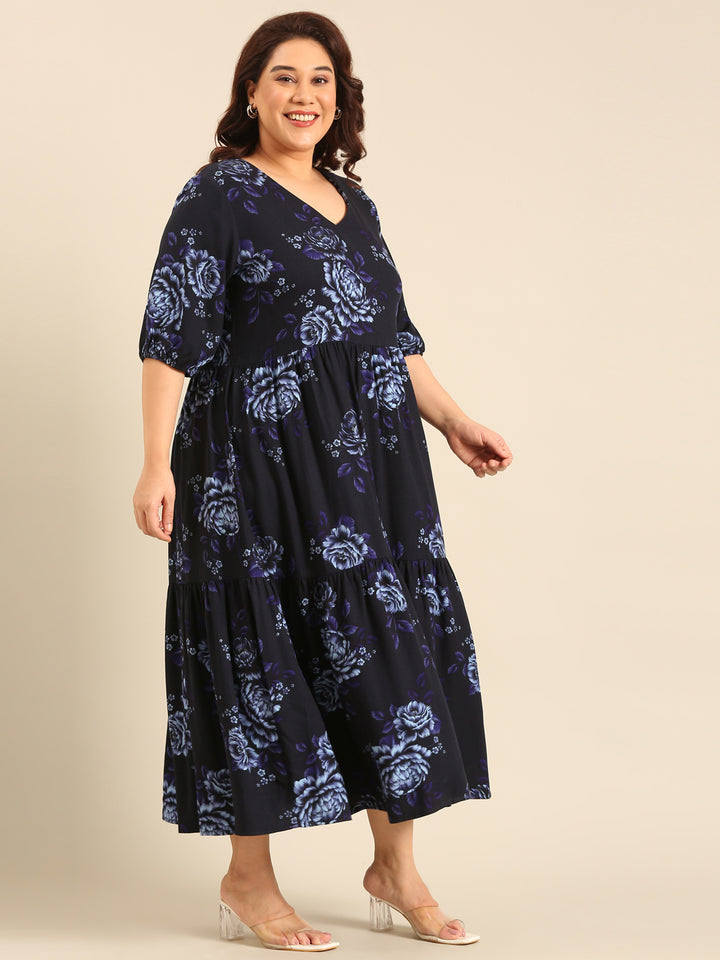 Plus Size Navy Rose Printed Dress