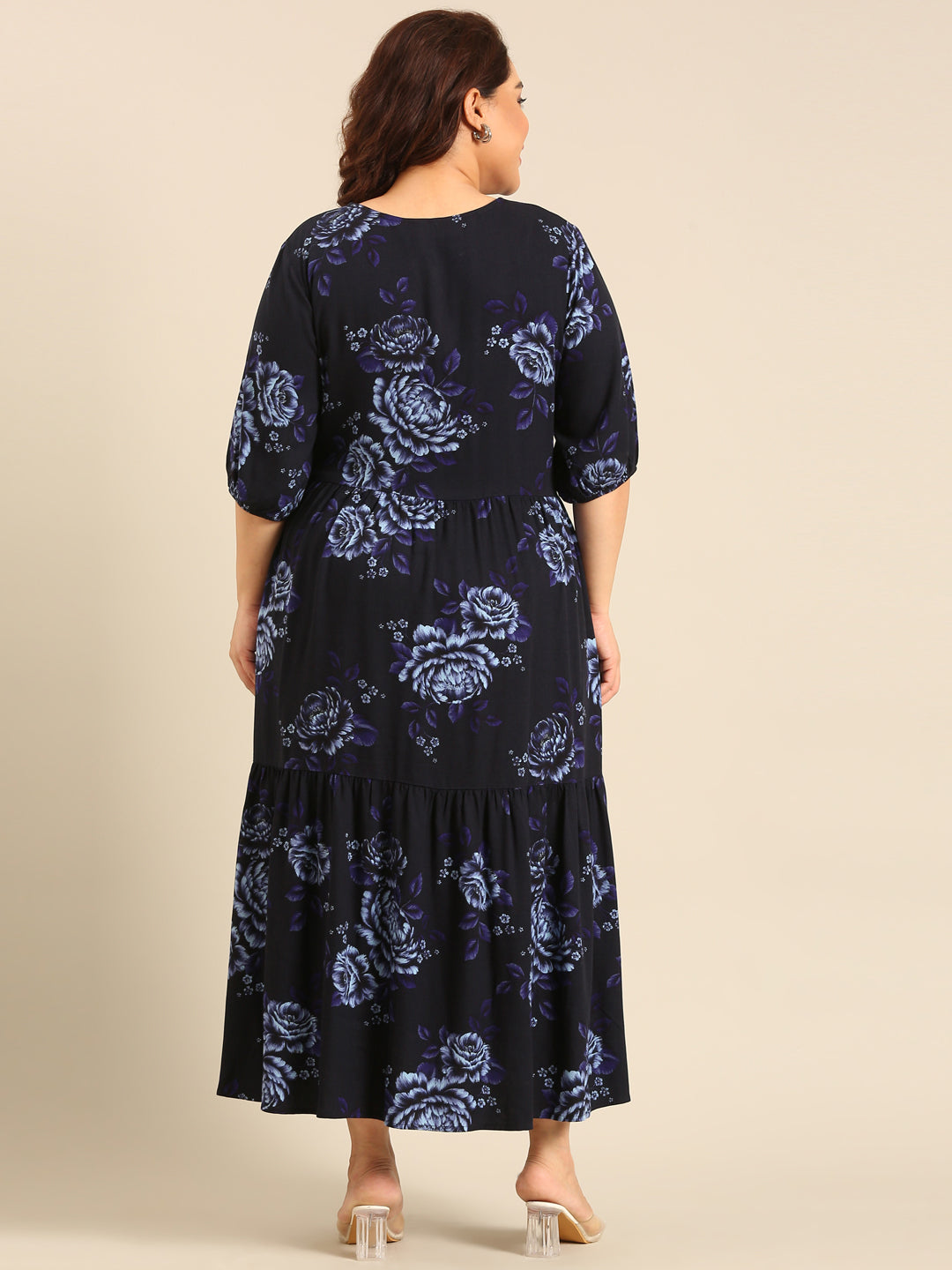 Plus Size Navy Rose Printed Dress