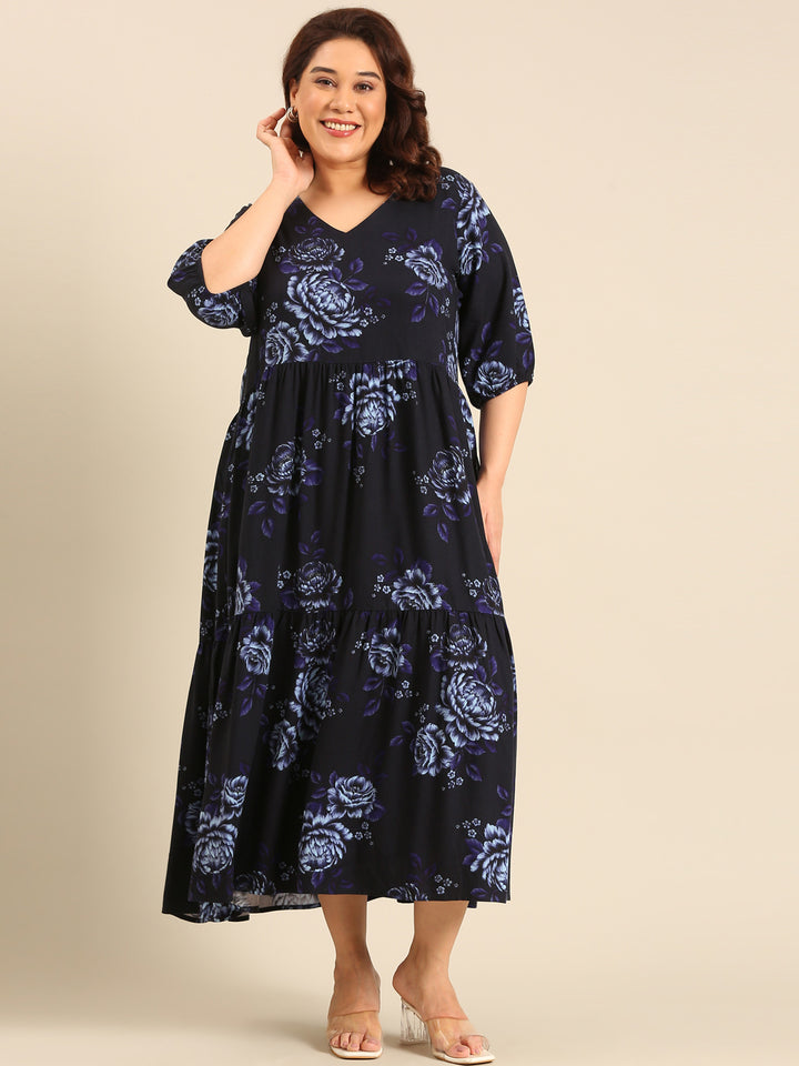 Plus Size Navy Rose Printed Dress