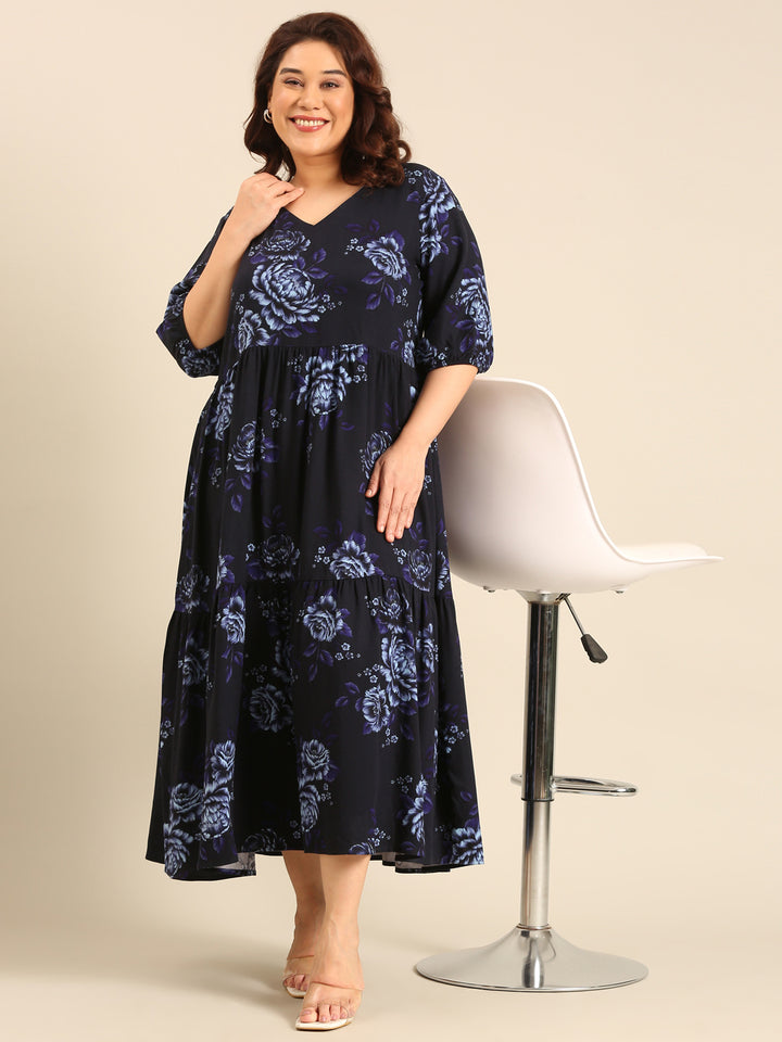 Plus Size Navy Rose Printed Dress