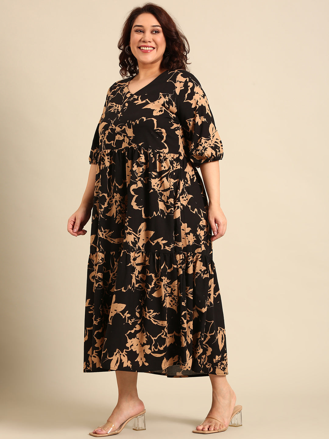 Brown Printed Tier Dress