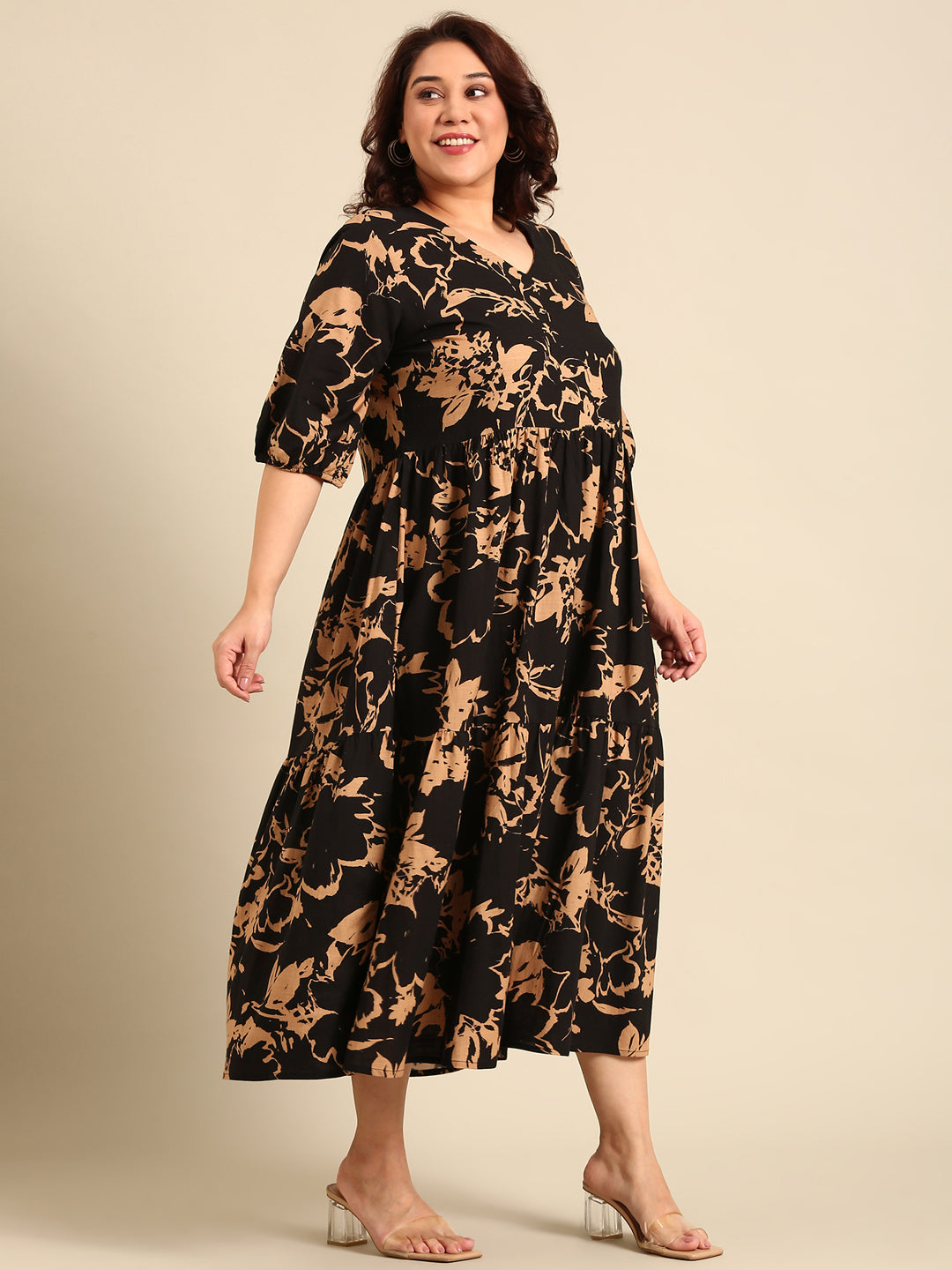 Brown Printed Tier Dress