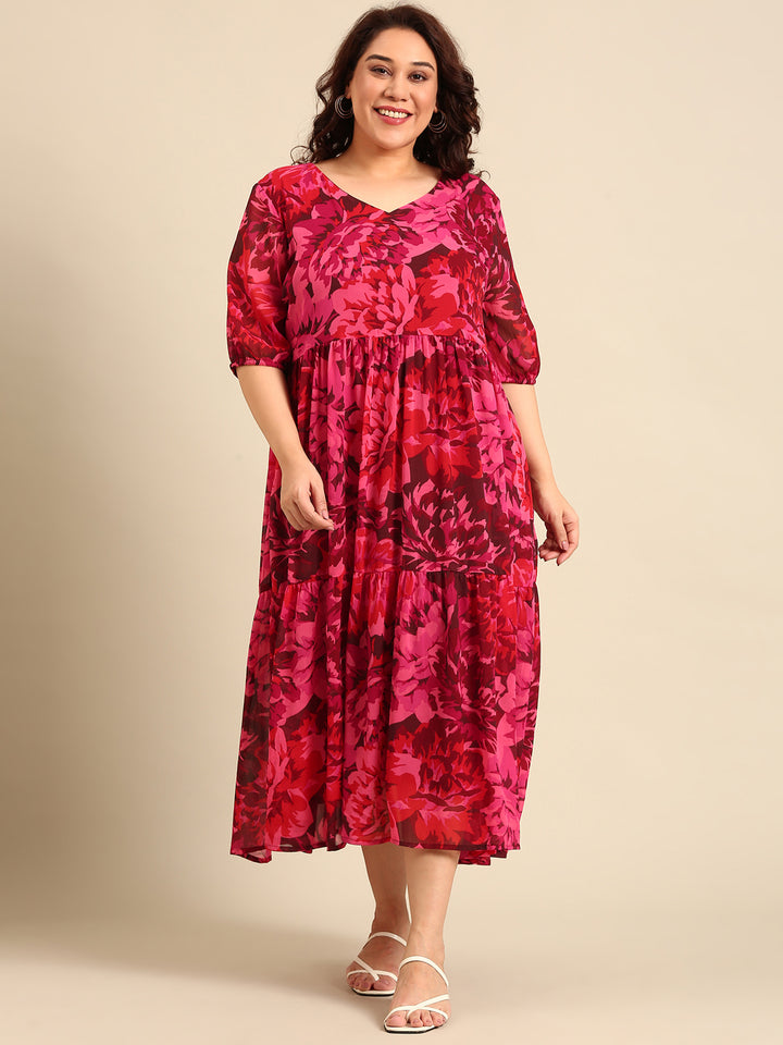 Printed Tier Dress with Elbow Sleeves