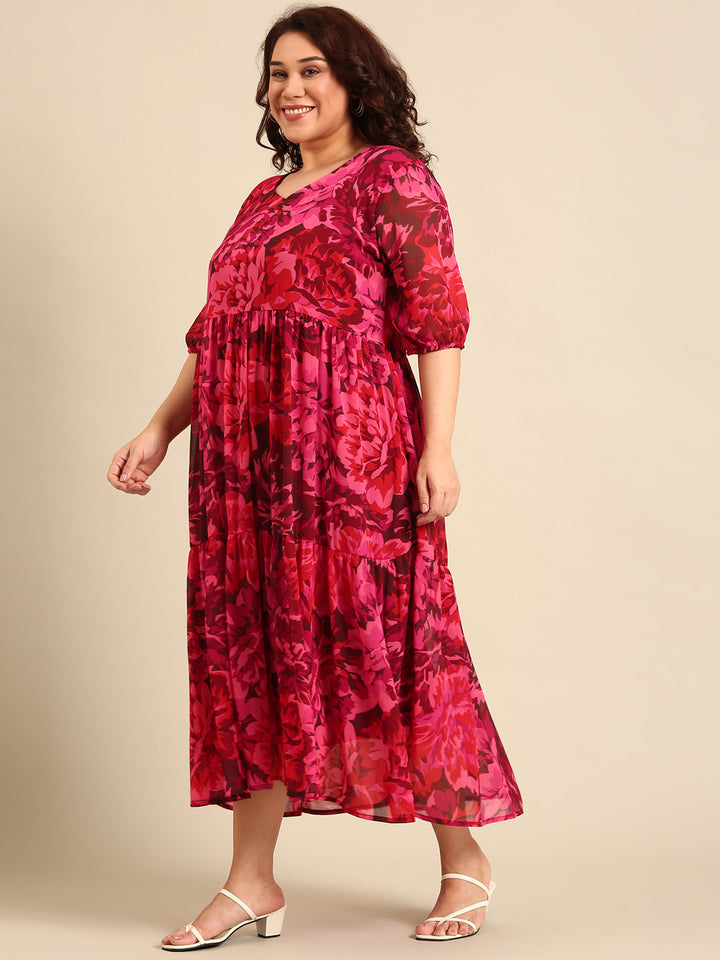 Printed Tier Dress with Elbow Sleeves