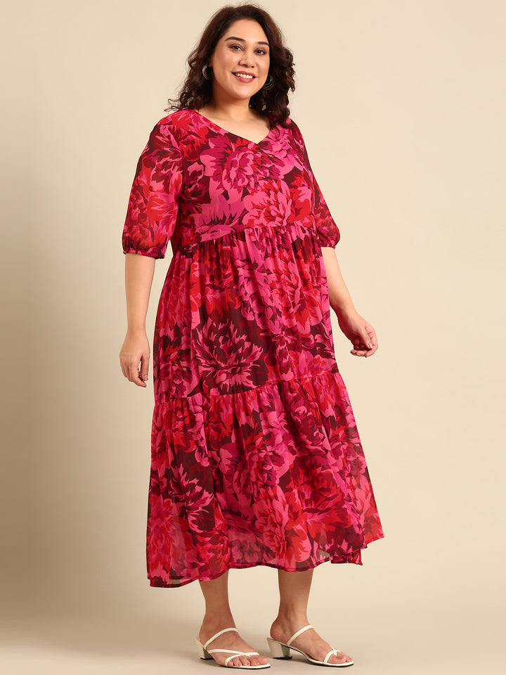 Printed Tier Dress with Elbow Sleeves