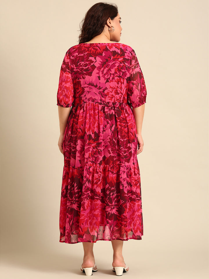 Printed Tier Dress with Elbow Sleeves