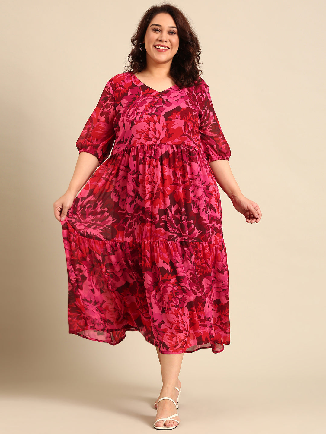 Printed Tier Dress with Elbow Sleeves