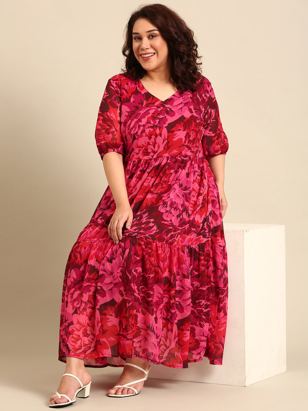 Printed Tier Dress with Elbow Sleeves