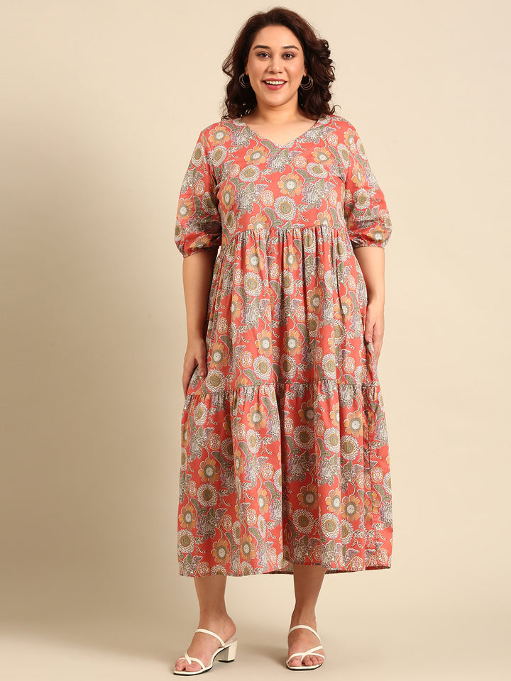 Printed Tier Dress with V-neck