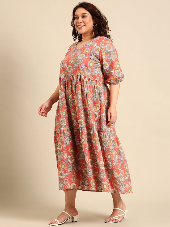 Printed Tier Dress with V-neck