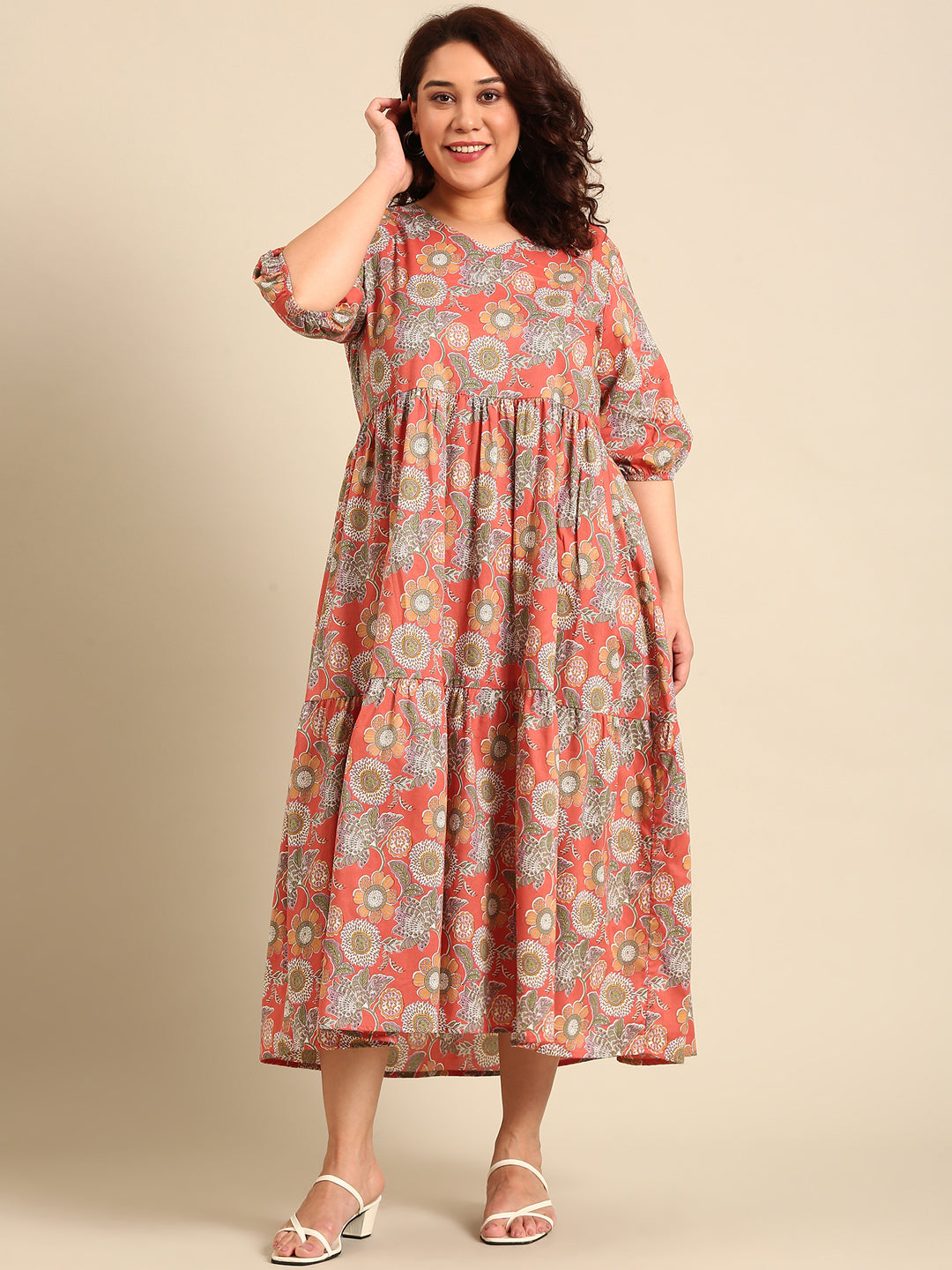 Printed Tier Dress with V-neck