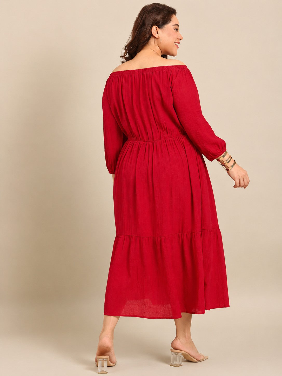 Red Crepe Off Shoulder Dress