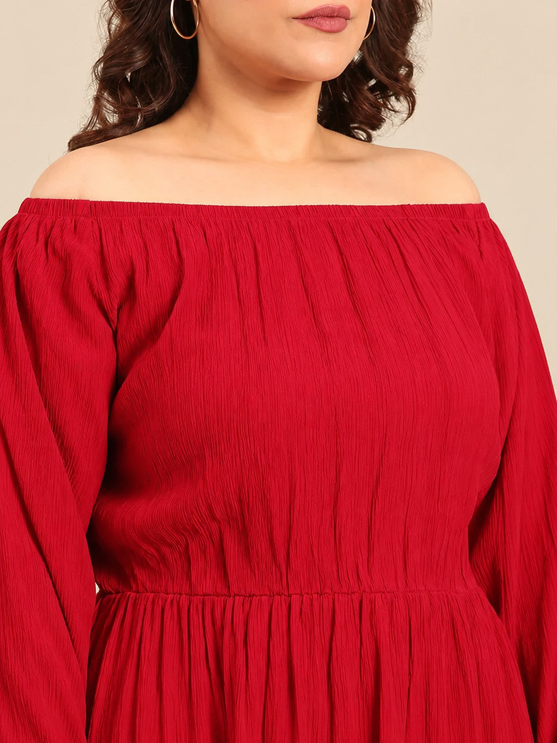 Red Crepe Off Shoulder Dress
