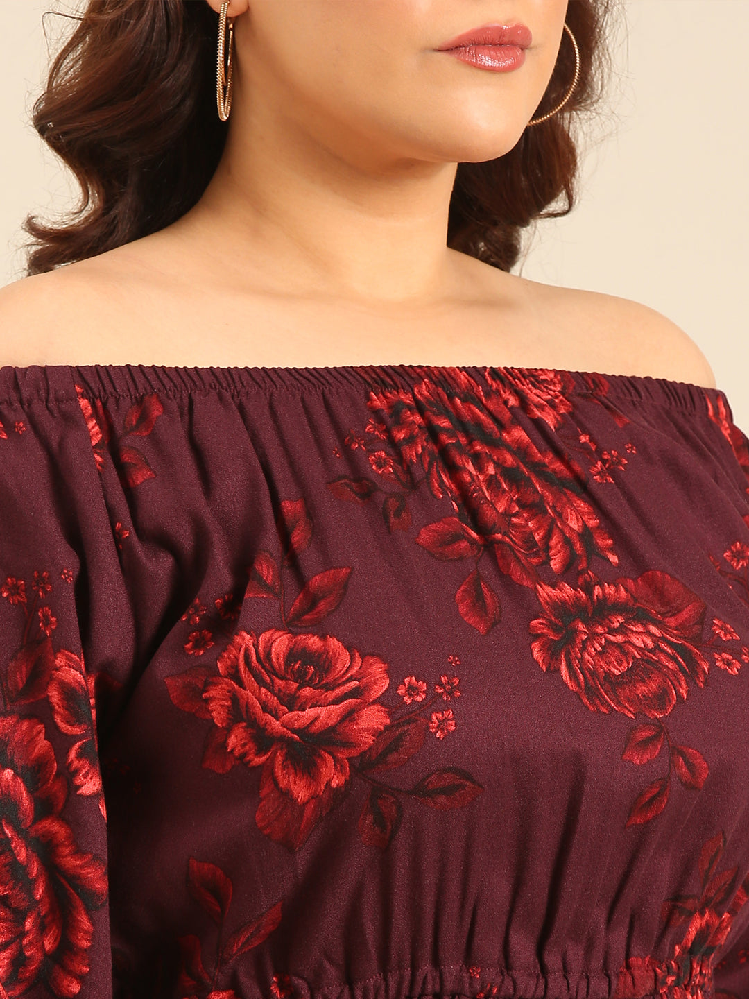 Burgundy Floral Off-Shoulder Dress