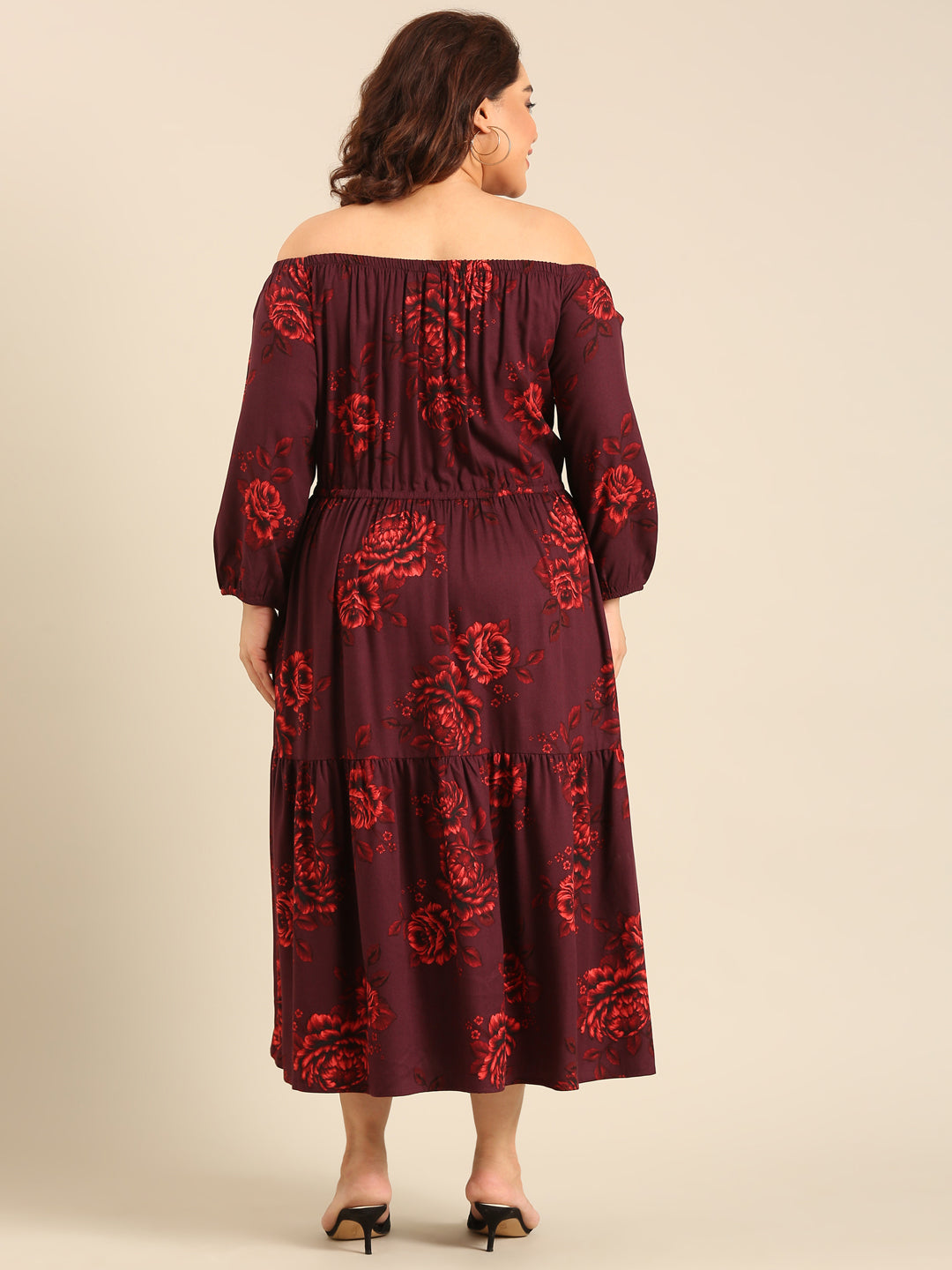 Burgundy Floral Off-Shoulder Dress