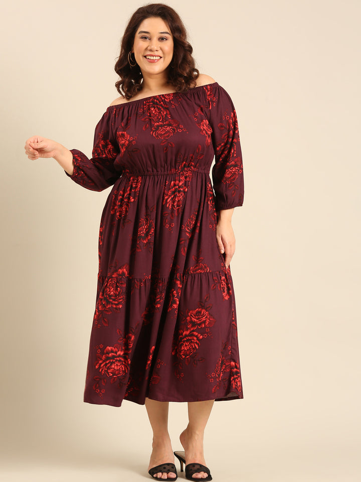 Burgundy Floral Off-Shoulder Dress