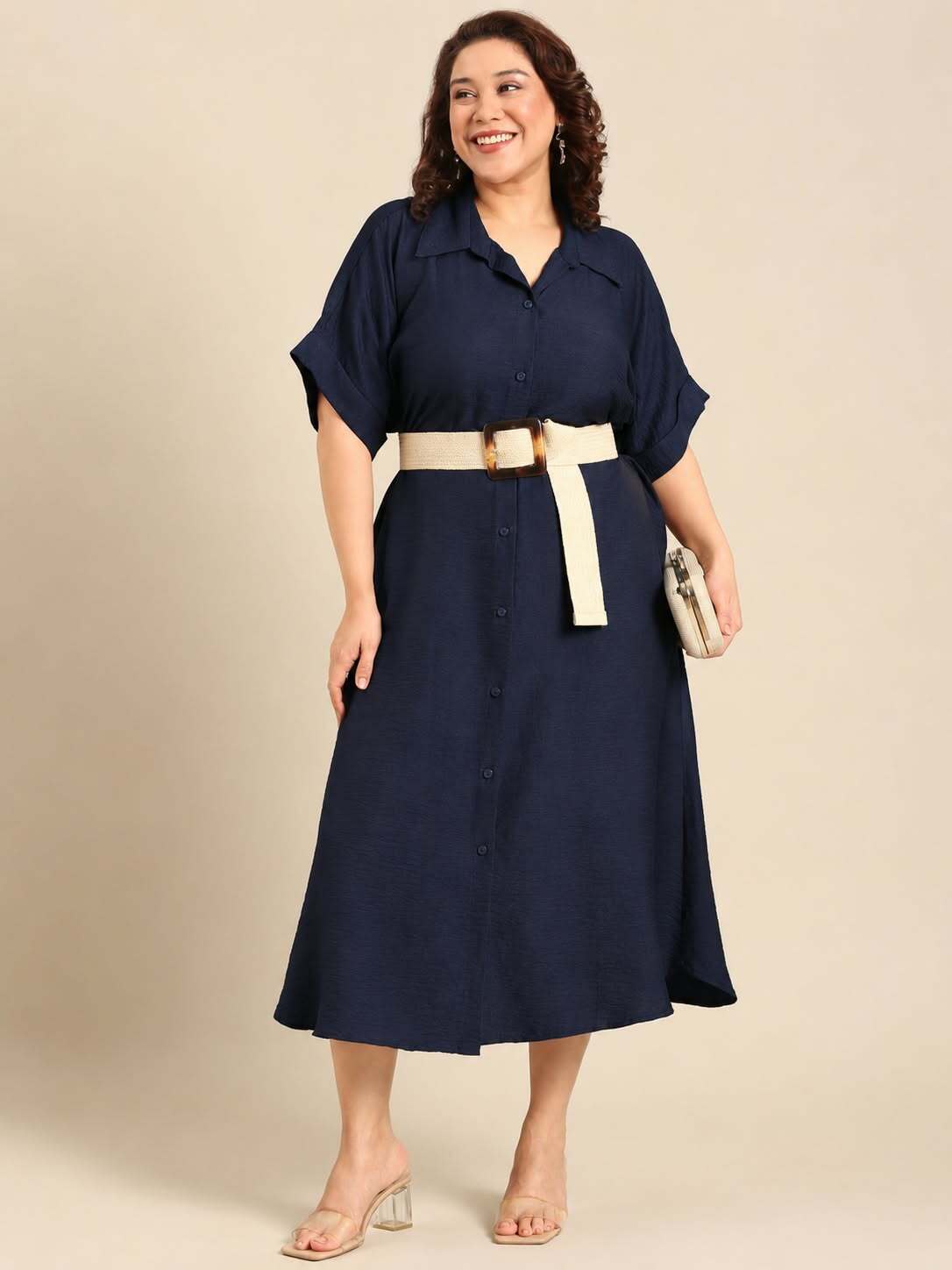 Navy Blue Casual Shirt Midi Dress