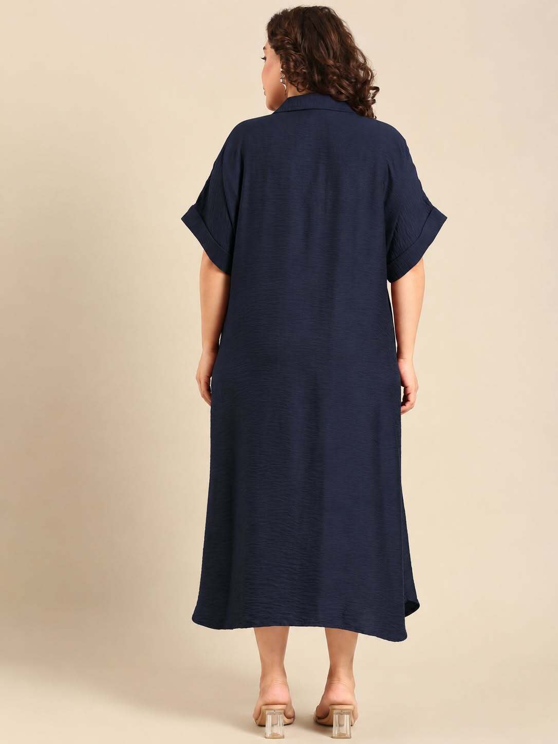 Navy Blue Casual Shirt Midi Dress