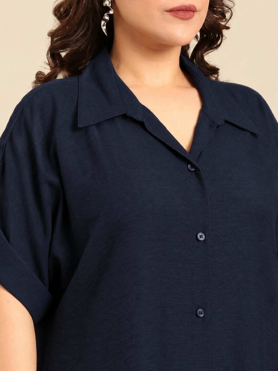 Navy Blue Casual Shirt Midi Dress