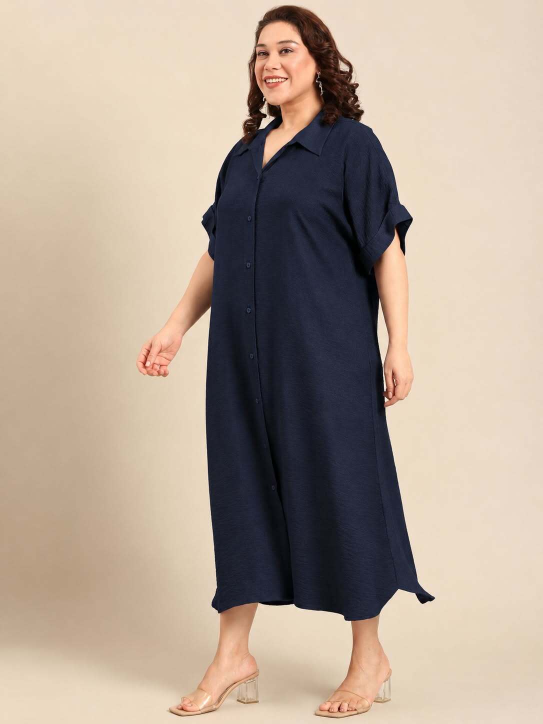 Navy Blue Casual Shirt Midi Dress