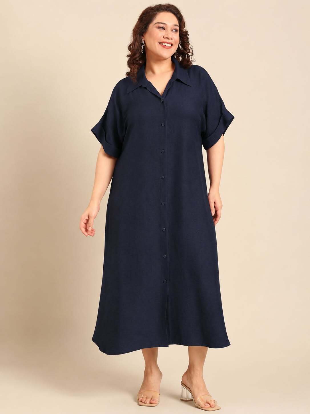 Navy Blue Casual Shirt Midi Dress