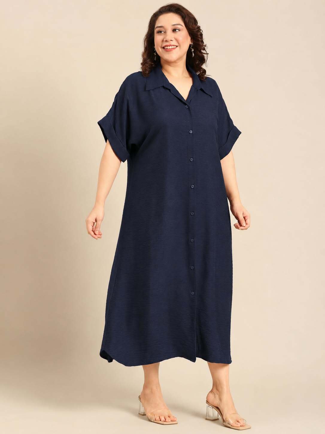 Navy Blue Casual Shirt Midi Dress